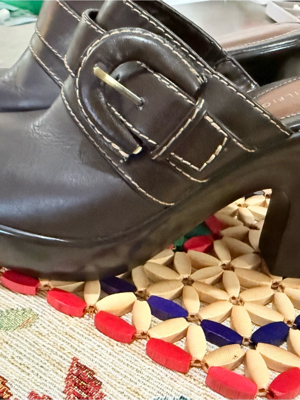 Tommy Hilfiger Dark Brown Leather Buckle Heeled Mule